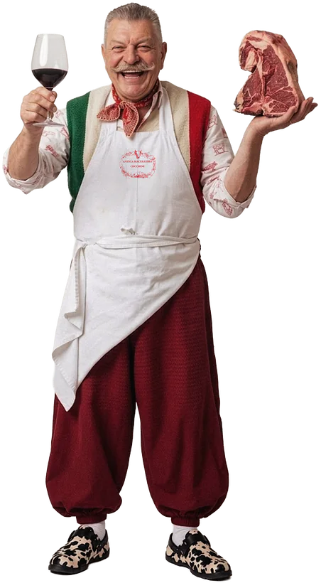 Dario Cecchini brindando com uma taça de vinho e segurando uma bisteca